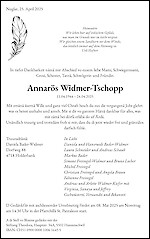 Todesanzeige Annarös Widmer-Tschopp, Nuglar