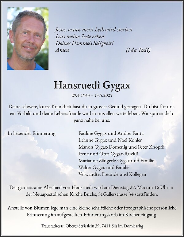 Todesanzeige von Hansruedi Gygax