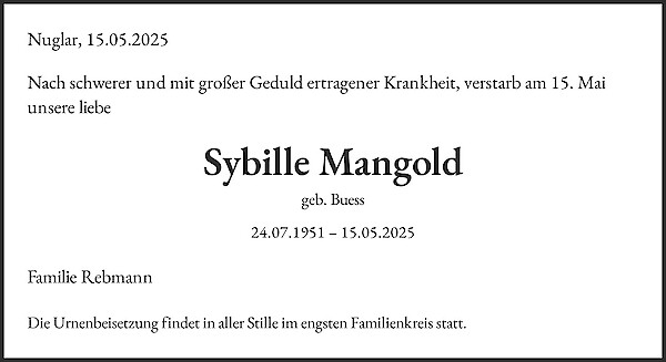 Todesanzeige von Sybille Mangold