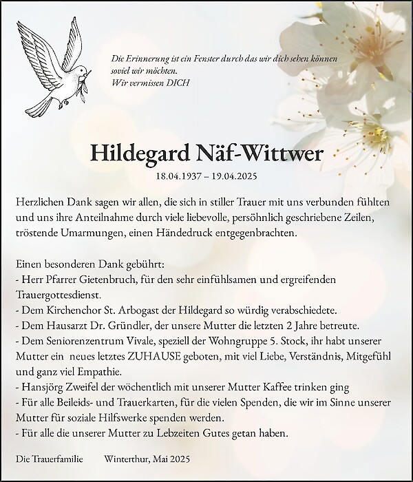 Todesanzeige von Hildegard Näf-Wittwer