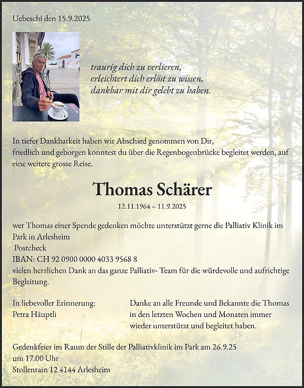 Todesanzeige von Thomas Schärer, Uebeschi