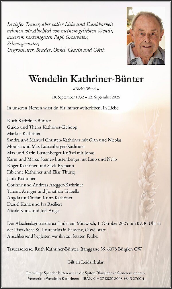Todesanzeige von Wendelin Kathriner-Bünter, Bürglen