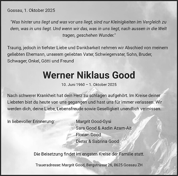 Todesanzeige von Werner Niklaus Good, Gossau ZH