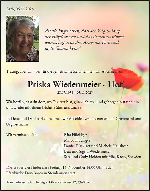Todesanzeige von Priska Wiedenmeier - Hof
