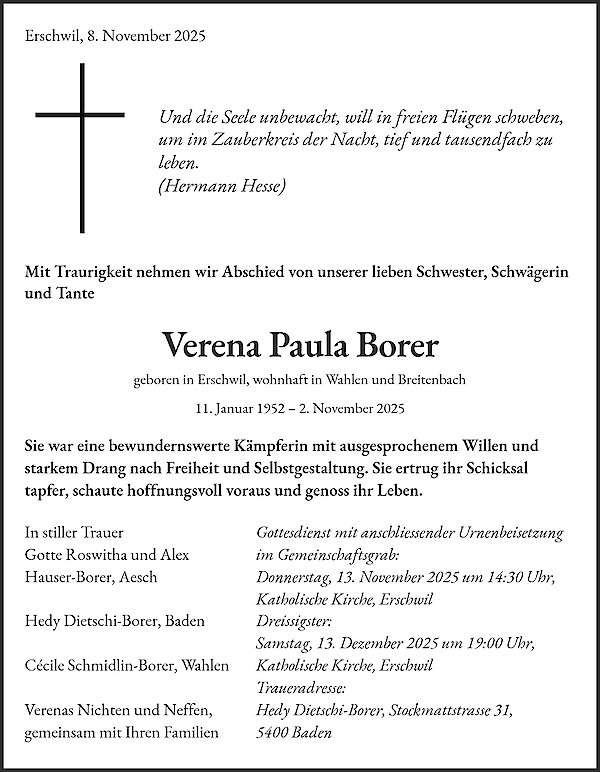 Todesanzeige von Verena Paula Borer