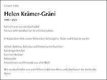 Todesanzeige Helen Krämer-Gräni