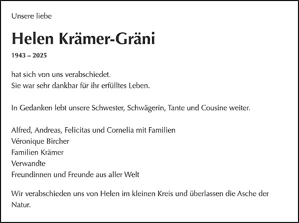 Todesanzeige von Helen Krämer-Gräni