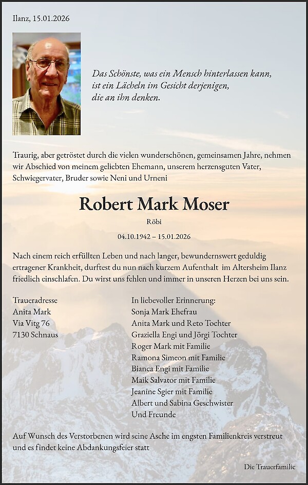 Todesanzeige von Robert Mark Moser, Schnaus