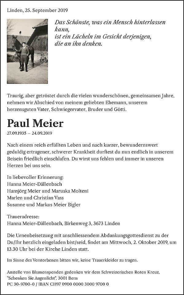 Todesanzeige von Paul Meier, Linden