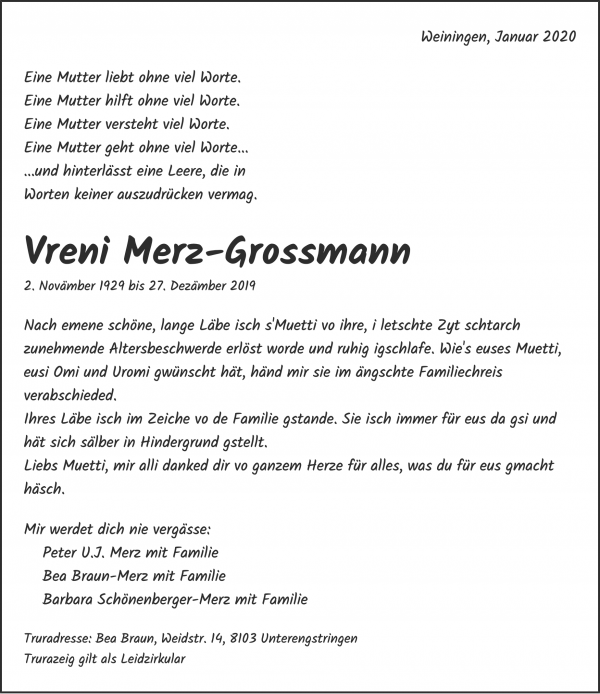 Todesanzeige von Vreni Merz-Grossmann, Weiningen