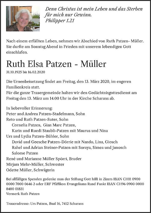 Todesanzeige von Ruth Elsa Patzen - Müller, Pflege- und Altersheim Thusis