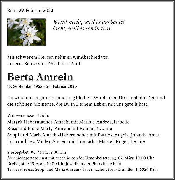 Todesanzeige von Berta Amrein, Rain