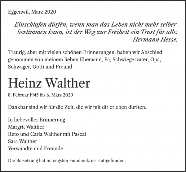 Todesanzeige von Heinz Walther, Eggenwil