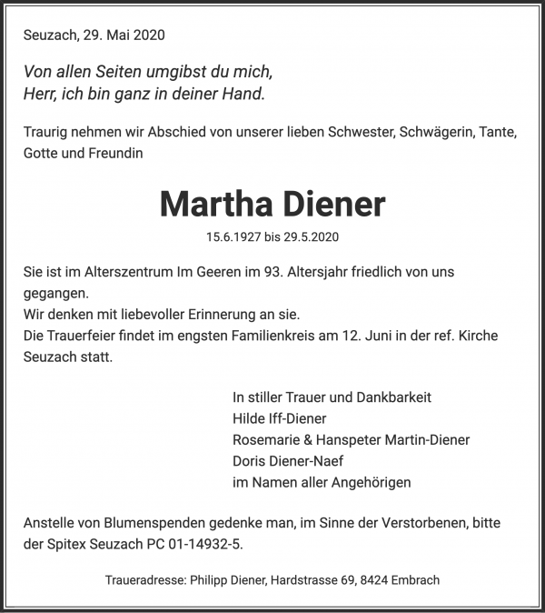 Todesanzeige von Martha Diener, Seuzach