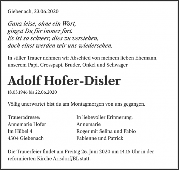 Todesanzeige von Adolf Hofer-Disler, Giebenach