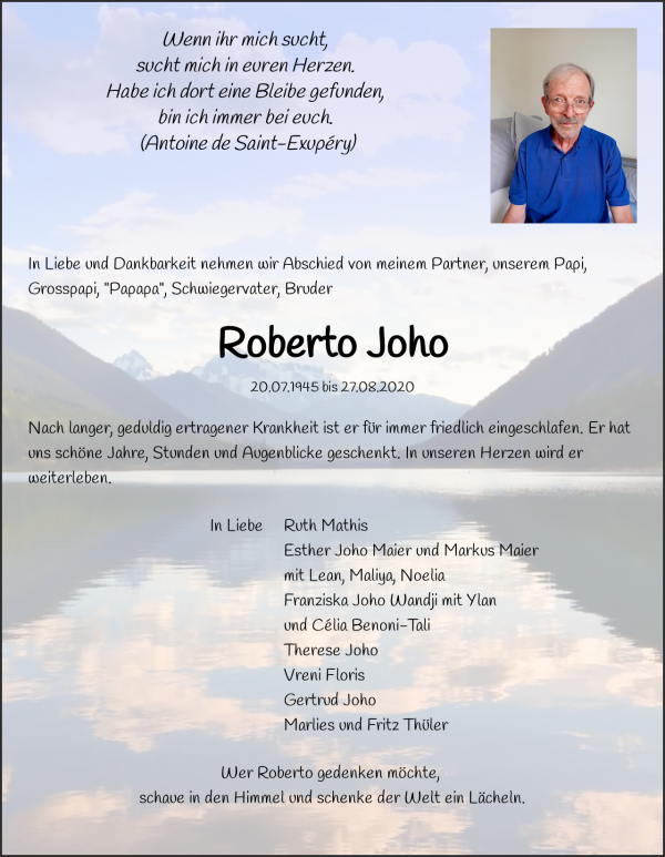 Todesanzeige von Roberto Joho, Aarberg