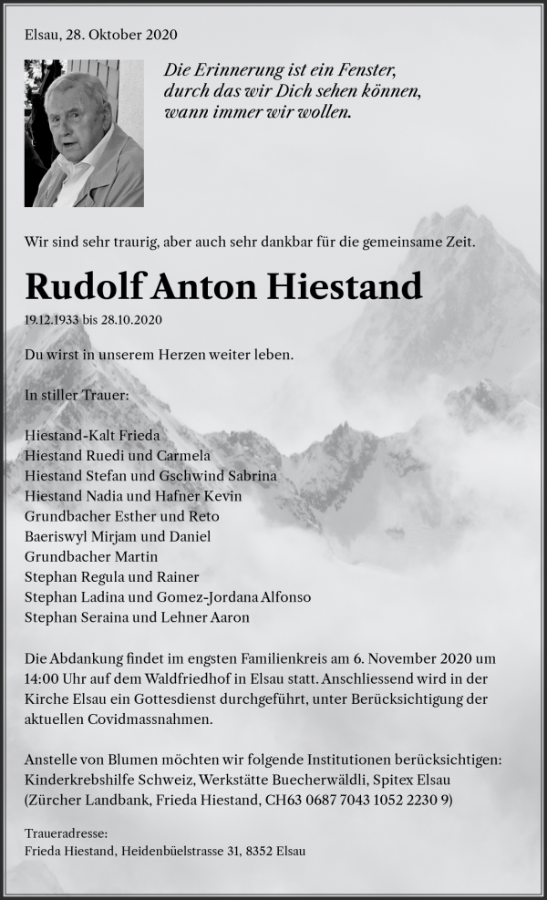 Todesanzeige von Rudolf Anton Hiestand, Elsau