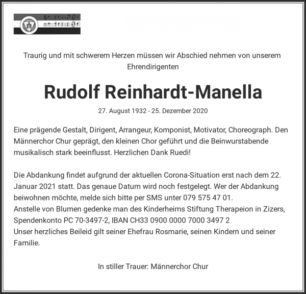 Todesanzeige von Rudolf Reinhardt-Manella, Chur