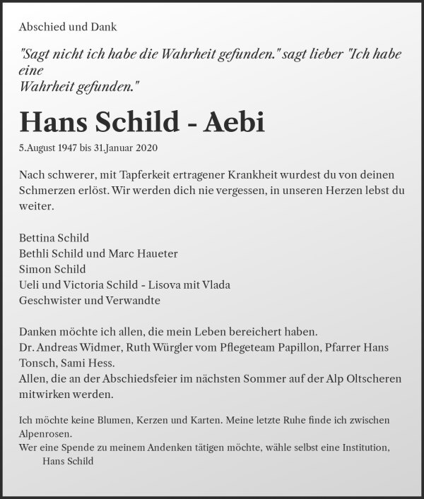 Todesanzeige von Hans Schild - Aebi, Brienzwiler