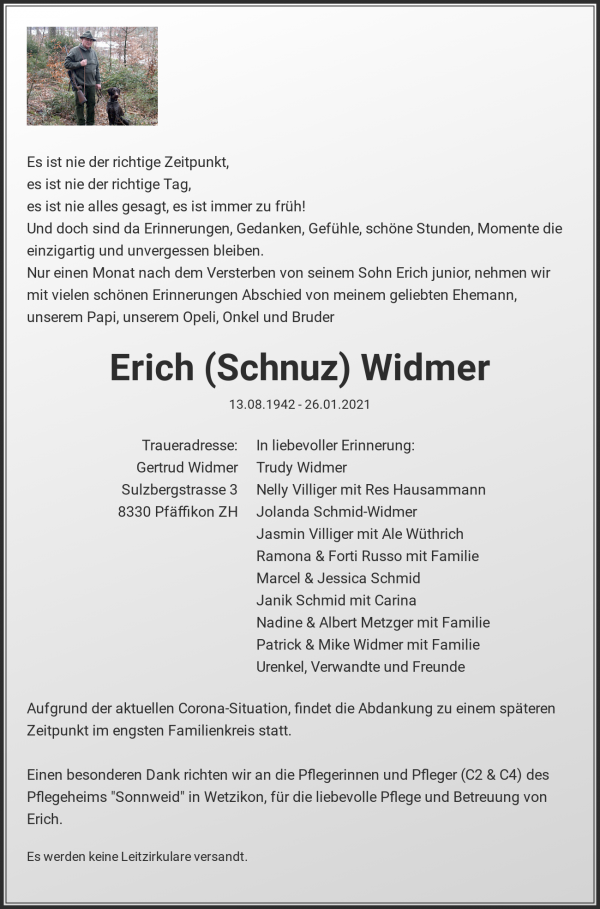 Todesanzeige von Erich (Schnuz) Widmer, Pfäffikon