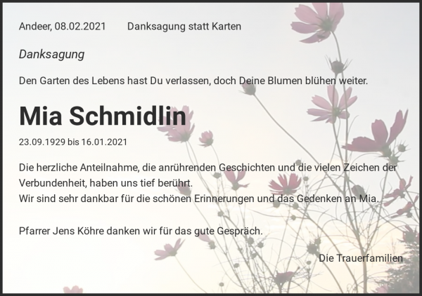 Todesanzeige von Mia Schmidlin, Andeer