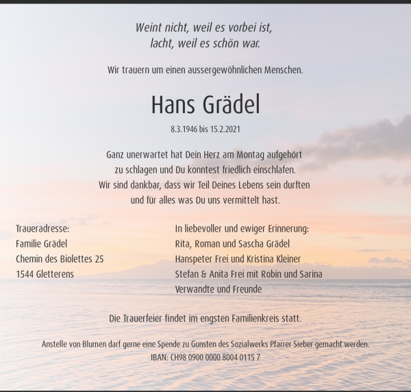 Todesanzeige von Hans Grädel, Gletterens