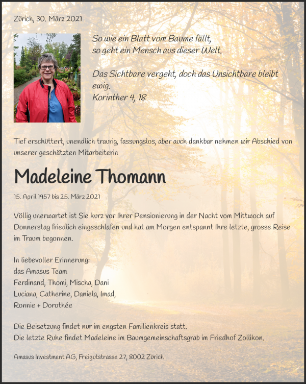 Todesanzeige von Madeleine Thomann, Zollikon