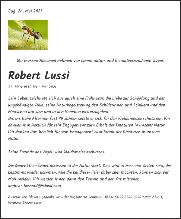 Todesanzeige von Robert Lussi, Zug