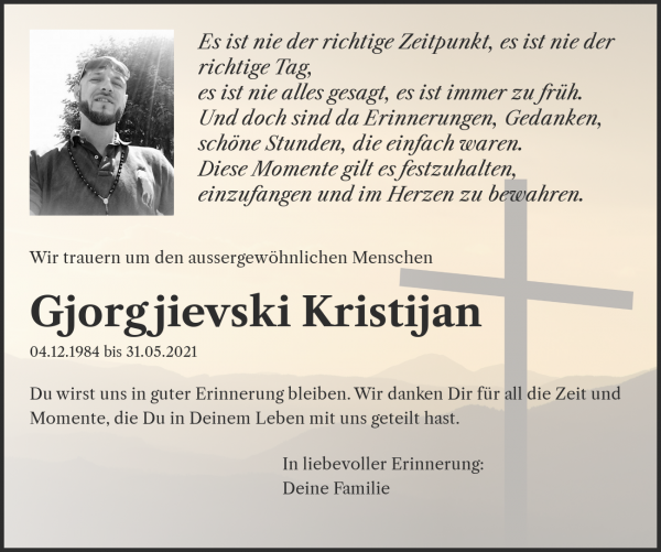 Todesanzeige von Gjorgjievski Kristijan, Glattfelden