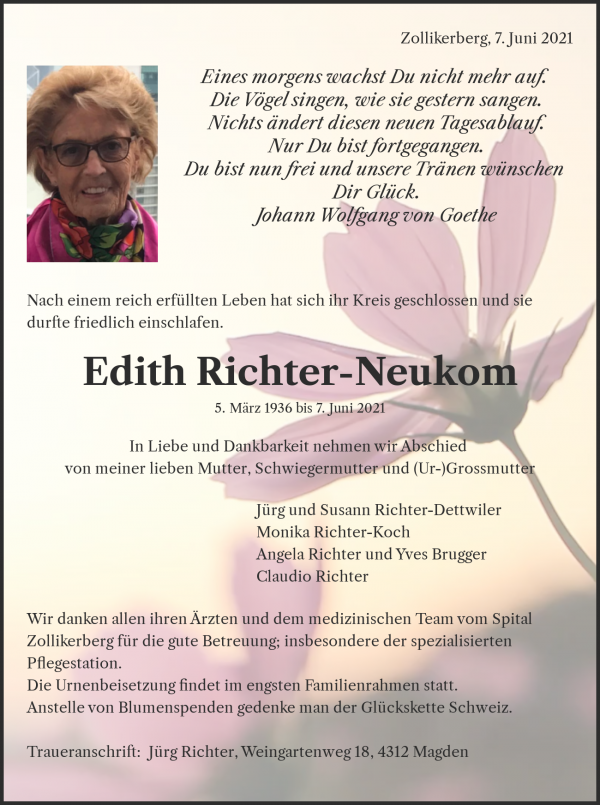 Todesanzeige von Edith Richter-Neukom, Zollikerberg