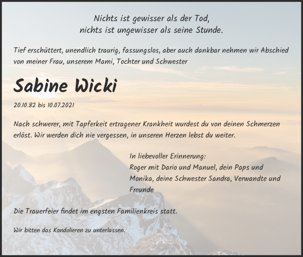 Todesanzeige von Sabine Wicki, Liestal