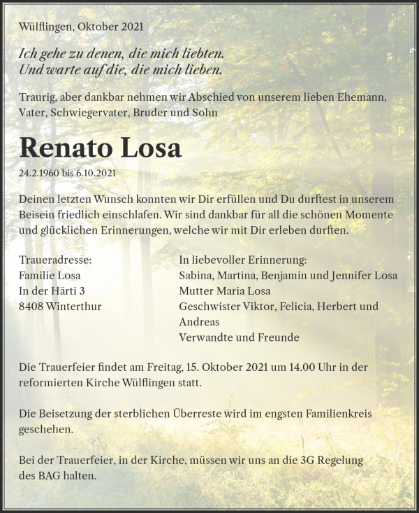 Todesanzeige von Renato Losa, Winterthur