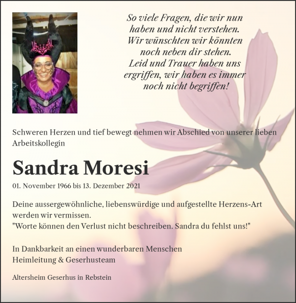 Todesanzeige von Sandra Moresi, Rebstein