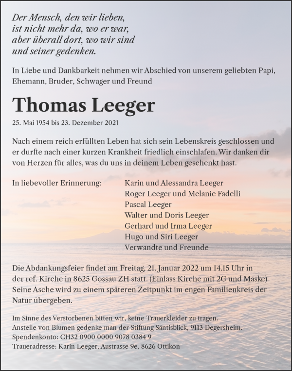 Todesanzeige von Thomas Leeger, Ottikon