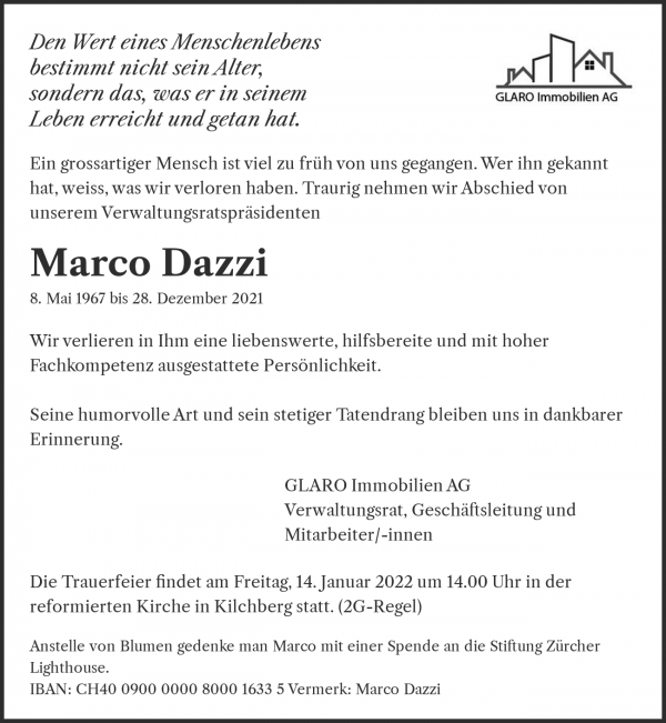 Todesanzeige von Marco Dazzi, Kilchberg