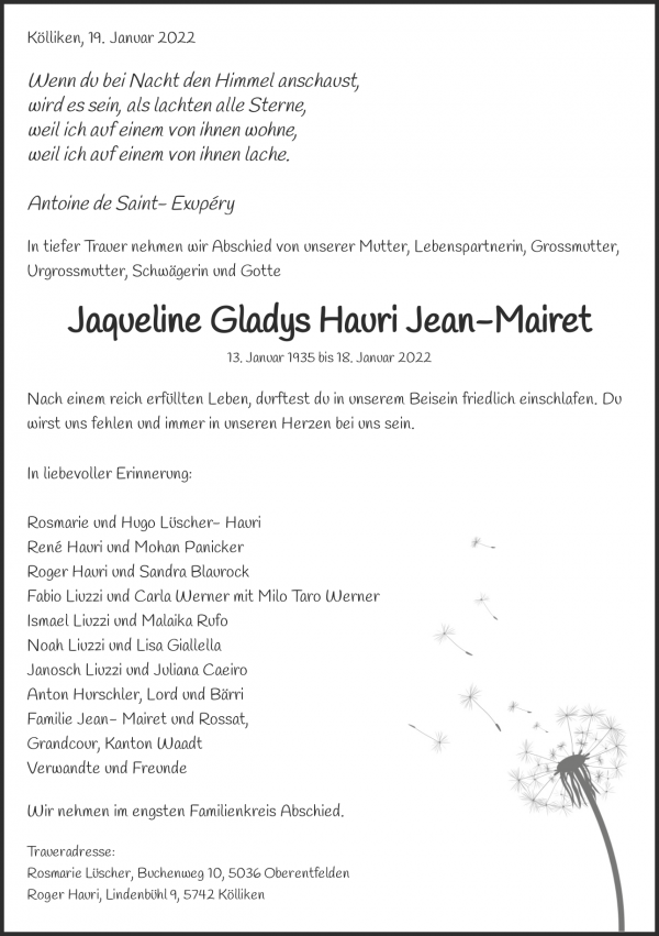 Todesanzeige von Jaqueline Gladys Hauri Jean-Mairet, Menziken