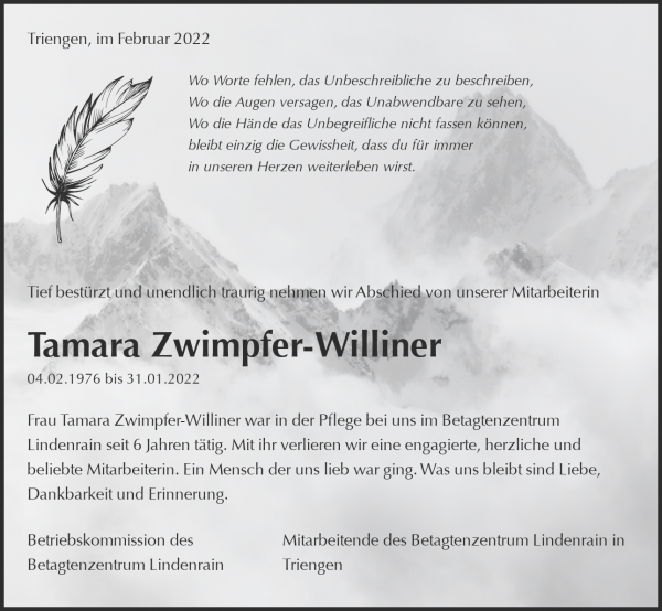 Todesanzeige von Tamara Zwimpfer-Williner, Triengen