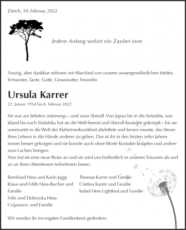 Todesanzeige von Ursula Karrer, Forch