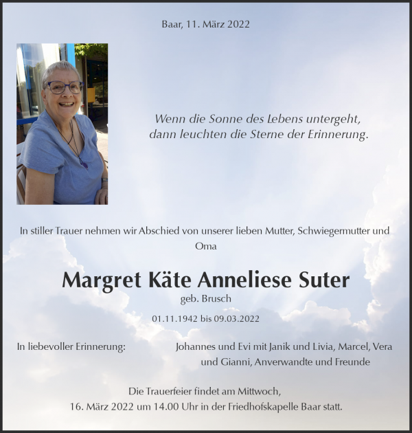 Todesanzeige von Margret Käte Anneliese Suter geb. Brusch, Baar