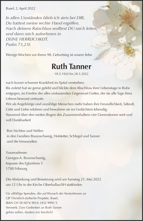 Todesanzeige von Ruth Tanner, Basel