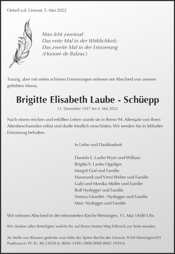 Todesanzeige von Brigitte Elisabeth Laube - Schüepp, Oetwil a. d. Limmat