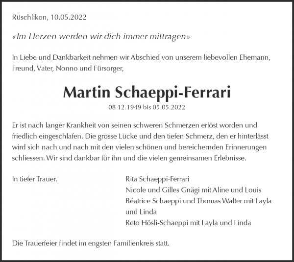 Todesanzeige von Martin Schaeppi-Ferrari, Rüschlikon