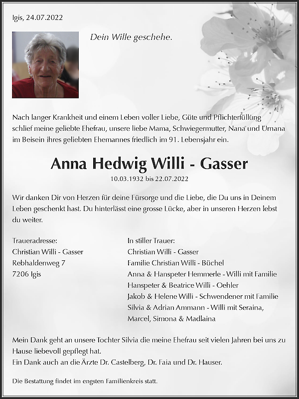 Todesanzeige von Anna Hedwig Willi - Gasser, Igis