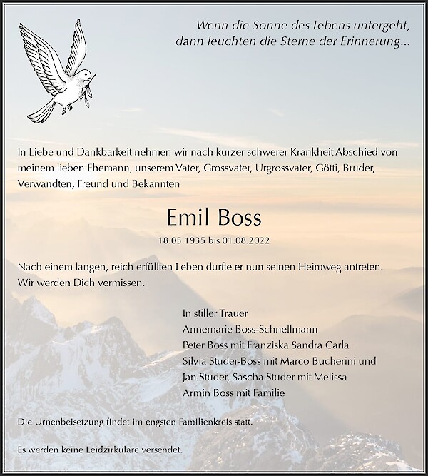 Todesanzeige von Emil Boss, Jona