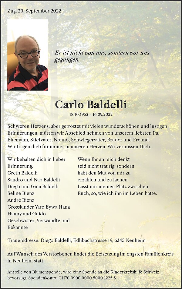 Todesanzeige von Carlo Baldelli, Neuheim