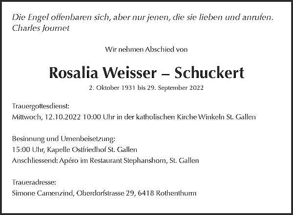 Todesanzeige von Rosalia Weisser – Schuckert, St. Gallen