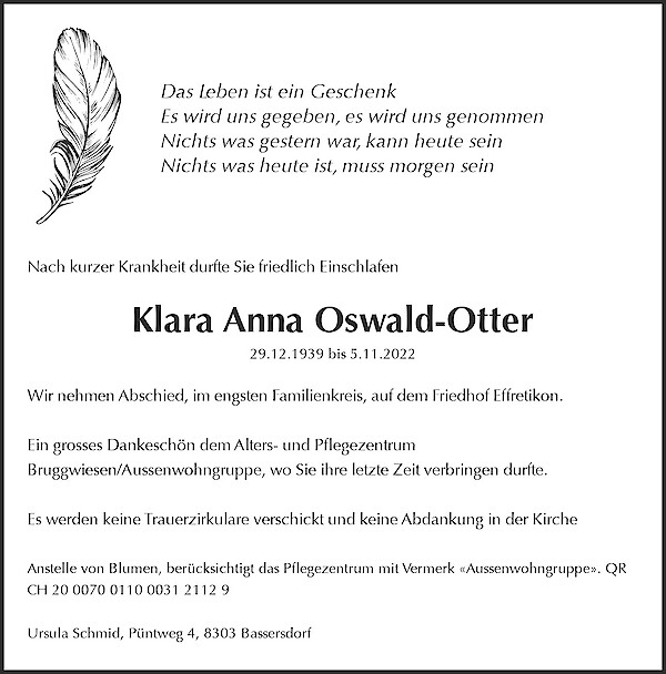 Todesanzeige von Klara Anna Oswald-Otter, Effretikon