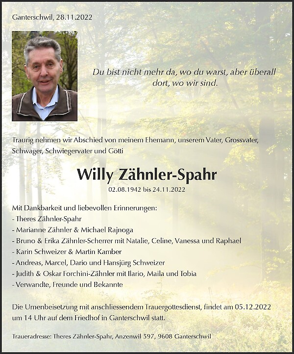 Todesanzeige von Willy Zähnler-Spahr, Ganterschwil