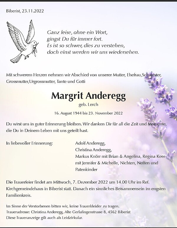 Todesanzeige von Margrit Anderegg, Derendingen