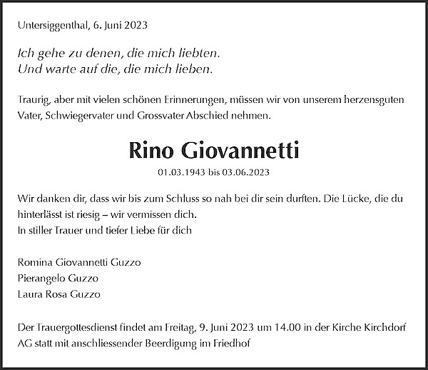 Todesanzeige von Rino Giovannetti